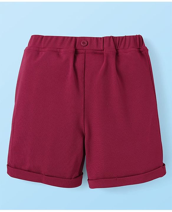Babyhug Knit Half Sleeves Car Printed Shirt & Shorts Set with Bow & Suspender - Maroon & Light Pink