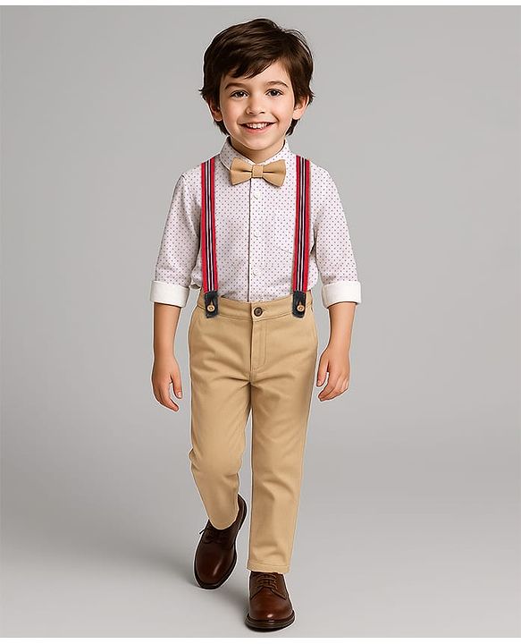 Babyhug Knit Full Sleeves Polka Dots Printed Shirt & Trouser Set with Bow & Suspender - White & Beige