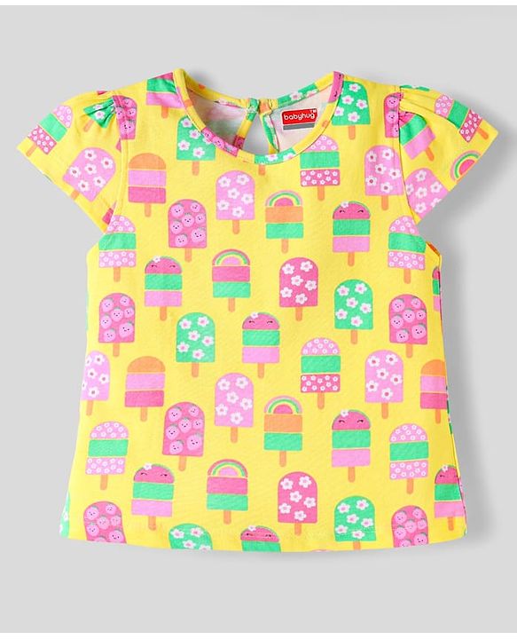 Babyhug Cotton Knit Sleeveless T-Shirts With Floral & Ice- Cream Print Pack Of 3 - Pink Yellow & White