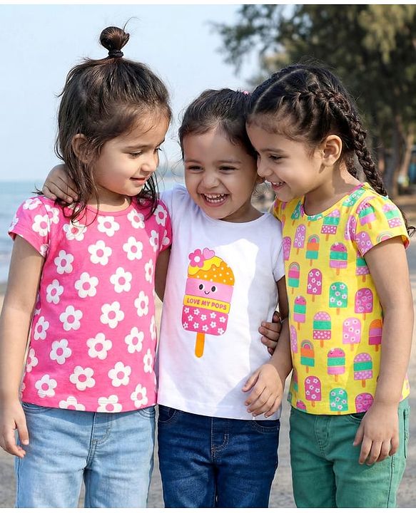 Babyhug Cotton Knit Sleeveless T-Shirts With Floral & Ice- Cream Print Pack Of 3 - Pink Yellow & White