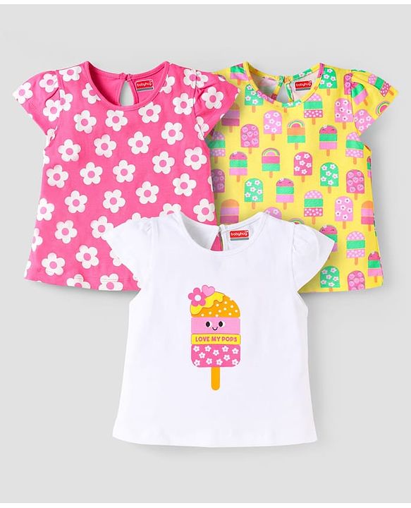 Babyhug Cotton Knit Sleeveless T-Shirts With Floral & Ice- Cream Print Pack Of 3 - Pink Yellow & White