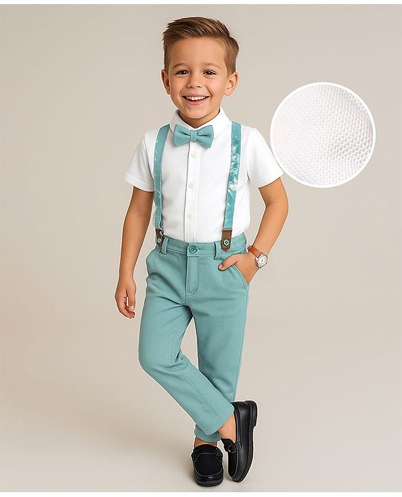 Babyhug Knit Half Sleeves Solid Shirt & Trouser With Bow & Suspender - White & Green