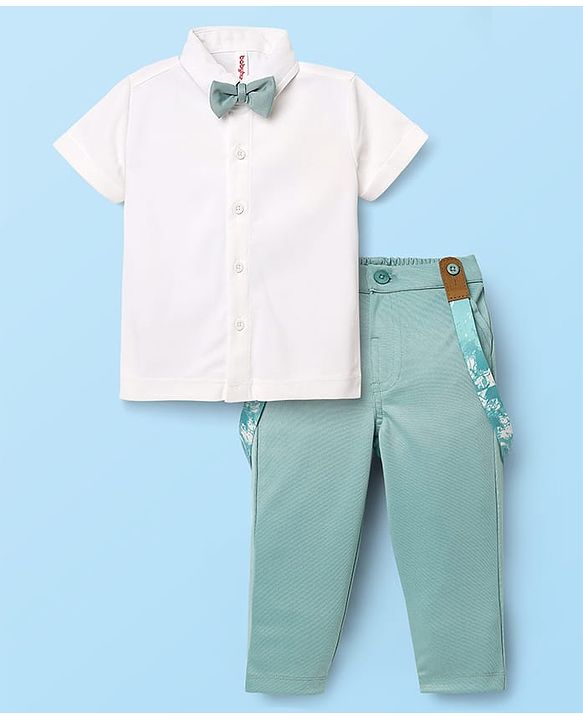Babyhug Knit Half Sleeves Solid Shirt & Trouser With Bow & Suspender - White & Green