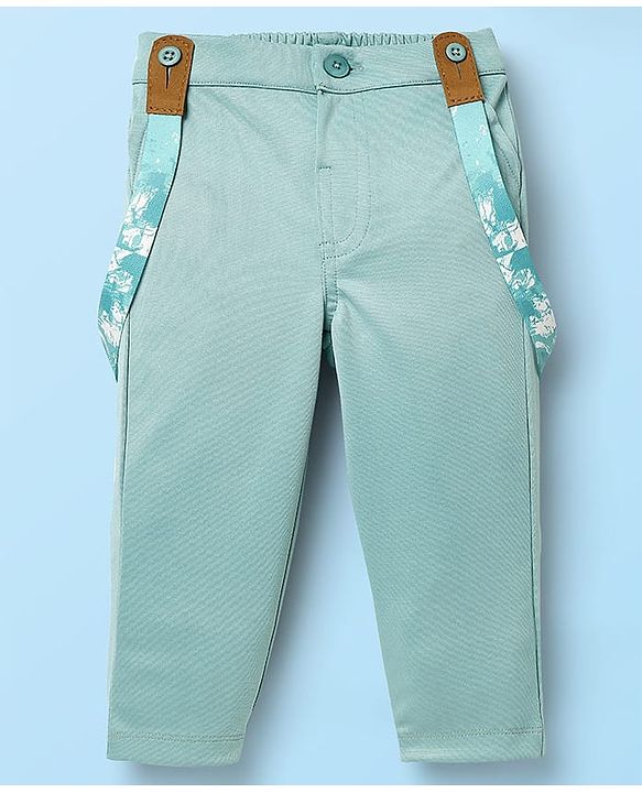 Babyhug Knit Half Sleeves Solid Shirt & Trouser With Bow & Suspender - White & Green