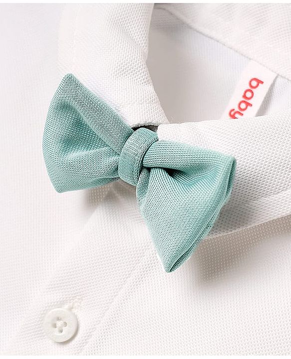 Babyhug Knit Half Sleeves Solid Shirt & Trouser With Bow & Suspender - White & Green