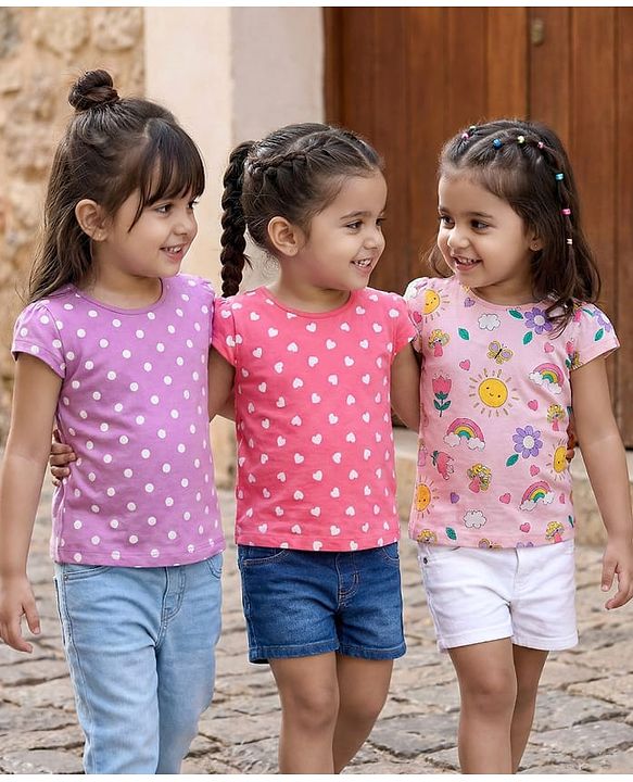 Babyhug Cotton Knit Cap Sleeves T-Shirts with Hearts & Polka Dots Print Pack of 3 - Pink & Lavender