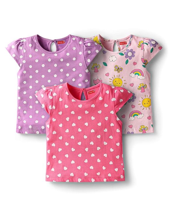 Babyhug Cotton Knit Cap Sleeves T-Shirts with Hearts & Polka Dots Print Pack of 3 - Pink & Lavender