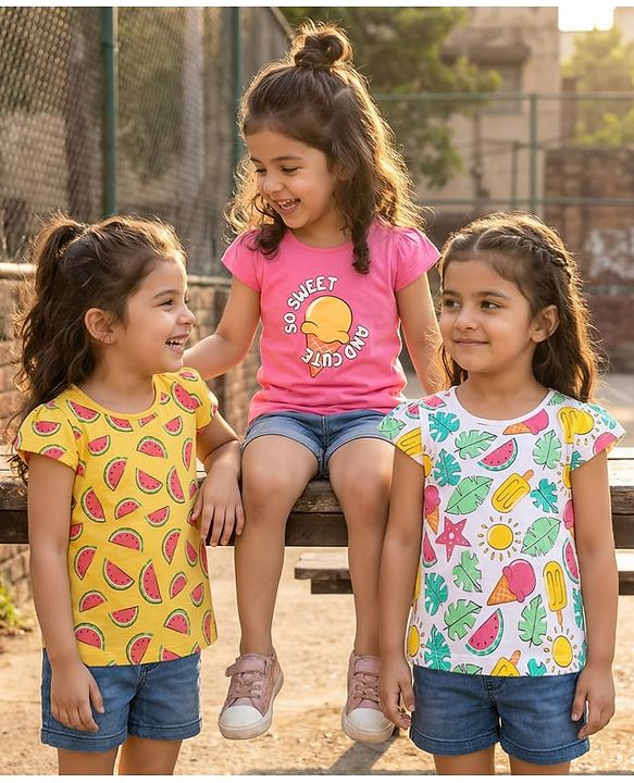 Babyhug Cotton Knit Half Sleeves T-Shirts With Tropical Print Pack Of 3 - Dark Pink Yellow & White
