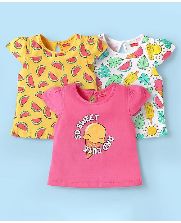 Babyhug Cotton Knit Half Sleeves T-Shirts With Tropical Print Pack Of 3 - Dark Pink Yellow & White