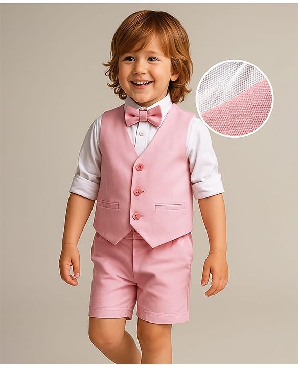 Babyhug Knit Full Sleeves Solid 3 Piece Party Suit With Bow - Peach & White