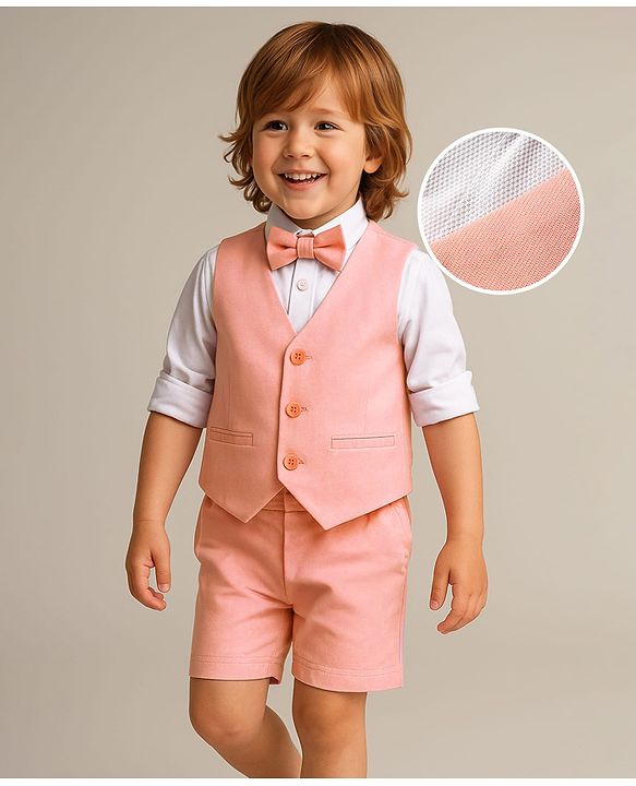 Babyhug Knit Full Sleeves Solid 3 Piece Party Suit With Bow - Peach & White