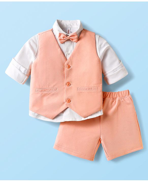 Babyhug Knit Full Sleeves Solid 3 Piece Party Suit With Bow - Peach & White