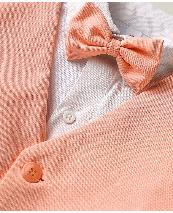 Babyhug Knit Full Sleeves Solid 3 Piece Party Suit With Bow - Peach & White