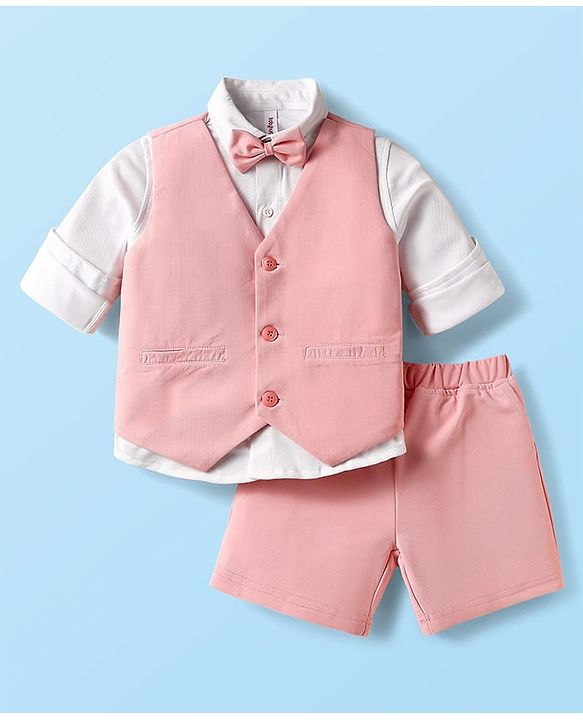 Babyhug Knit Full Sleeves Solid 3 Piece Party Suit With Bow - Peach & White