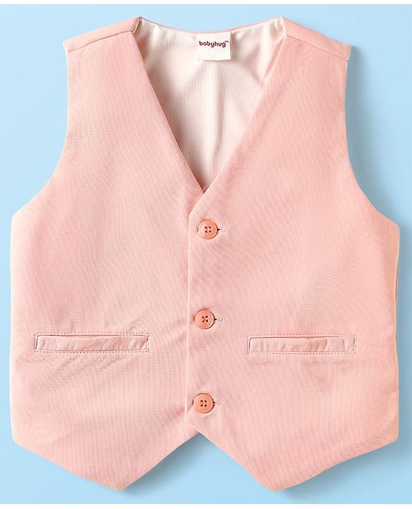 Babyhug Knit Full Sleeves Solid 3 Piece Party Suit With Bow - Peach & White