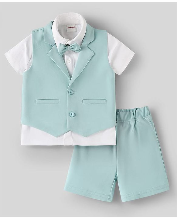 Babyhug Knit Half Sleeves Solid 3 Piece Party Suit With Bow - Mint Green