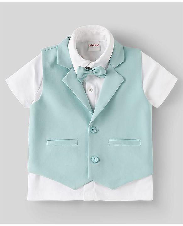 Babyhug Knit Half Sleeves Solid 3 Piece Party Suit With Bow - Mint Green