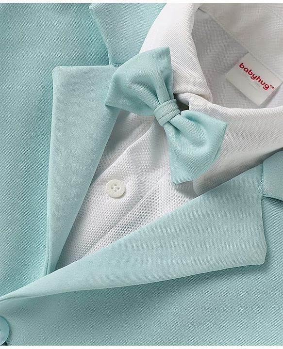 Babyhug Knit Half Sleeves Solid 3 Piece Party Suit With Bow - Mint Green