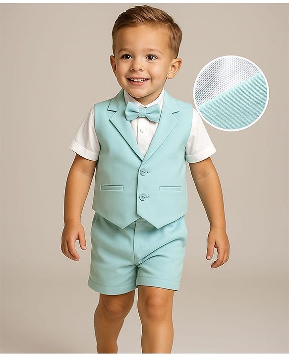 Babyhug Knit Half Sleeves Solid 3 Piece Party Suit With Bow - Mint Green
