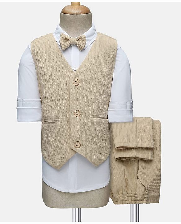 Babyhug Knit Full Sleeves Solid 3 Piece Party Suit With Bow - Beige