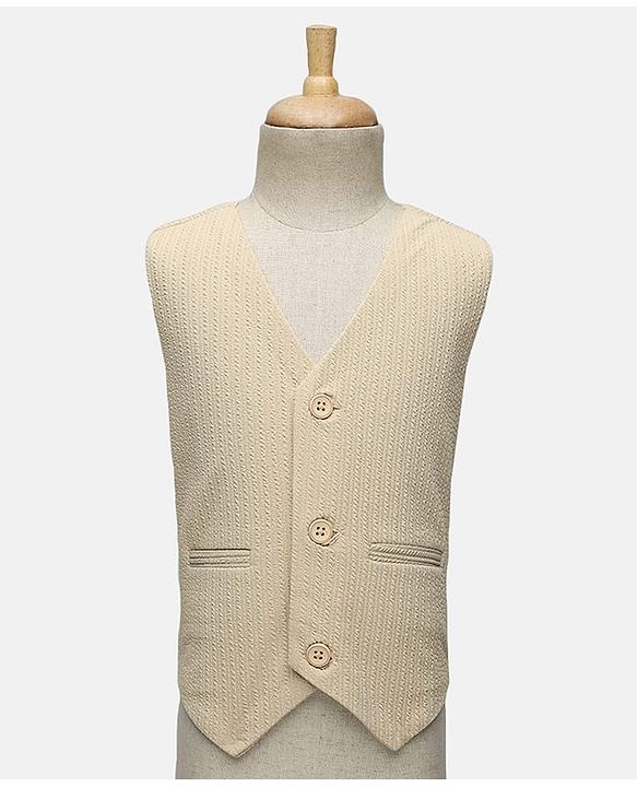 Babyhug Knit Full Sleeves Solid 3 Piece Party Suit With Bow - Beige