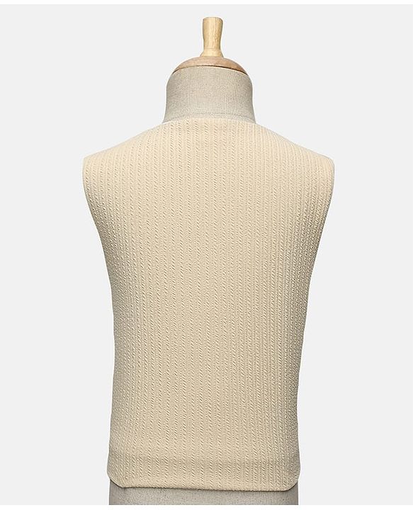 Babyhug Knit Full Sleeves Solid 3 Piece Party Suit With Bow - Beige