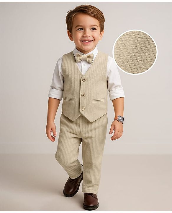 Babyhug Knit Full Sleeves Solid 3 Piece Party Suit With Bow - Beige