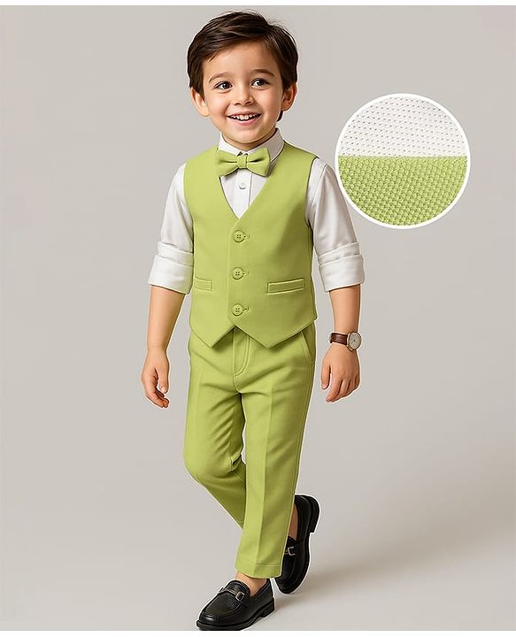 Babyhug Woven Full Sleeves Solid Color 3 Piece Party Suit with Shirt Waistcoat Trousers and Bow - White & Light Green