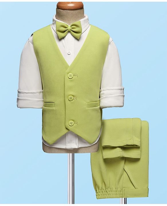 Babyhug Woven Full Sleeves Solid Color 3 Piece Party Suit with Shirt Waistcoat Trousers and Bow - White & Light Green