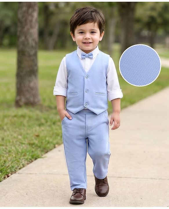 Babyhug Knit Full Sleeves Solid Color 3 Piece Party Suit with Bow Applique - White & Blue