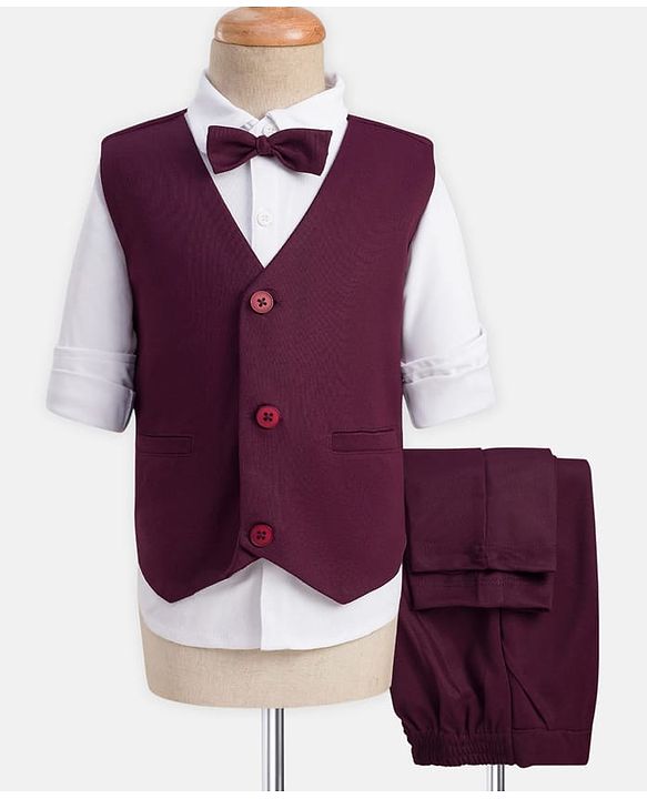 Babyhug Knit Full Sleeves Solid 3 Piece Party Suit With Bow Applique - Wine & White