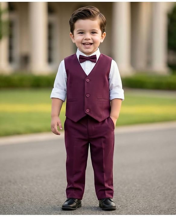 Babyhug Knit Full Sleeves Solid 3 Piece Party Suit With Bow Applique - Wine & White