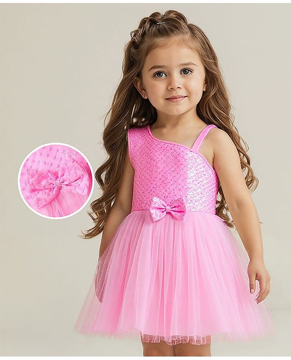 Babyhug Woven Sleeveless Fit & Flare Mesh Party Dress with Bow Applique & Sequin Embroidery - Pink