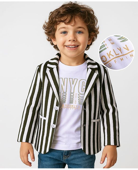 Babyhug Knit Full Sleeves Striped Blazer With NYC Printed T-Shirt - Olive Green & White