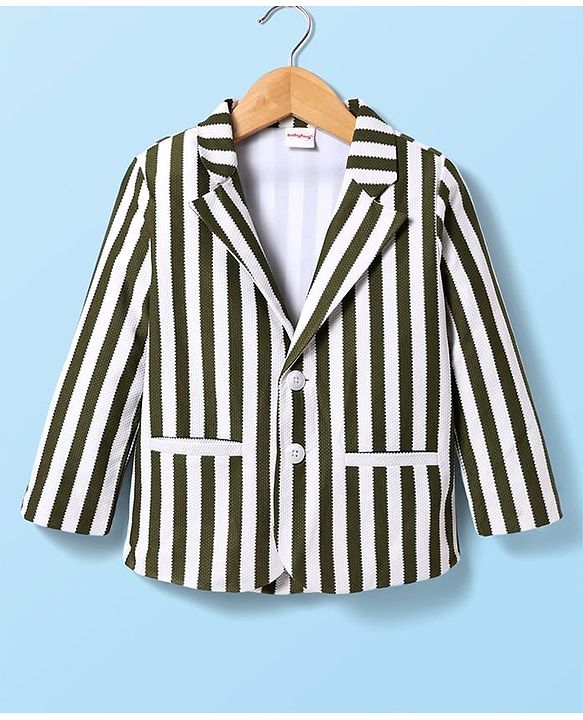Babyhug Knit Full Sleeves Striped Blazer With NYC Printed T-Shirt - Olive Green & White