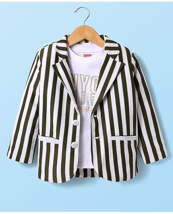 Babyhug Knit Full Sleeves Striped Blazer With NYC Printed T-Shirt - Olive Green & White