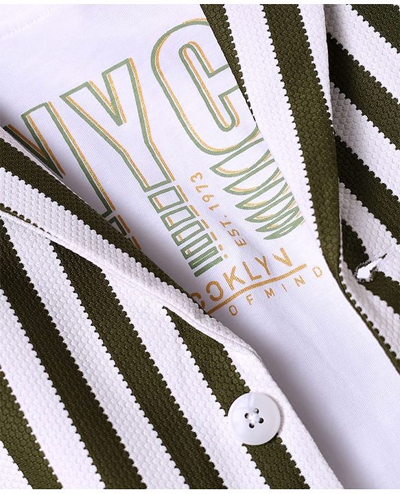 Babyhug Knit Full Sleeves Striped Blazer With NYC Printed T-Shirt - Olive Green & White