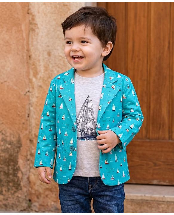 Babyhug Knit Full Sleeves Boat Printed Blazer With T-Shirt - Light Blue