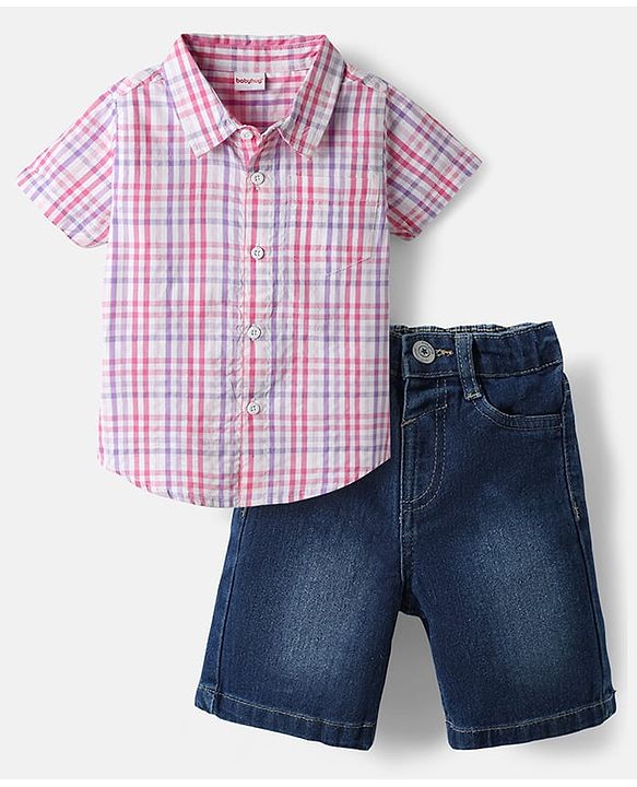 Babyhug Cotton Knit Half Sleeves Checks Shirt & Denim Shorts Set - Multicolor