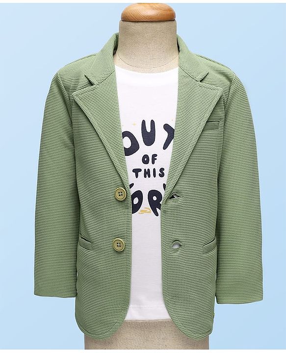 Babyhug Knit Full Sleeves Solid Blazer With Printed T-Shirt - Mint