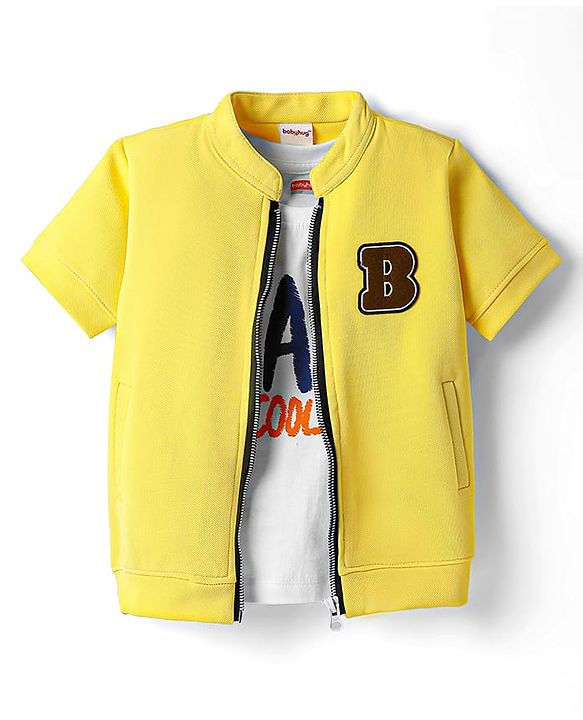 Babyhug Knit Half Sleeves Jacket With Text Printed Inner Tee - Yellow & White