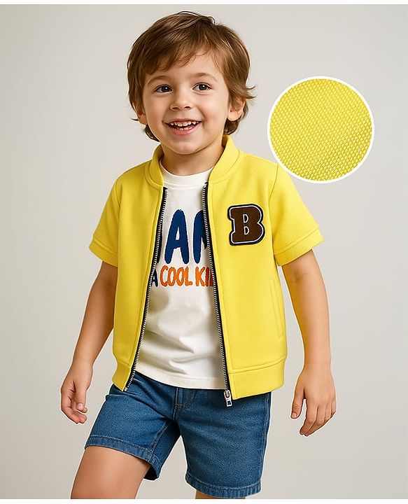 Babyhug Knit Half Sleeves Jacket With Text Printed Inner Tee - Yellow & White