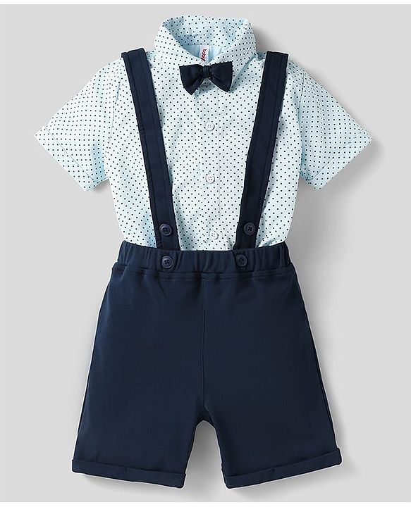 Babyhug Knit Half Sleeves Polka Dot Printed Shirt & Shorts With Bow & Suspender - Light & Navy Blue