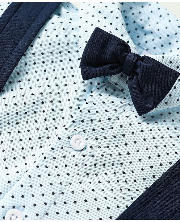 Babyhug Knit Half Sleeves Polka Dot Printed Shirt & Shorts With Bow & Suspender - Light & Navy Blue