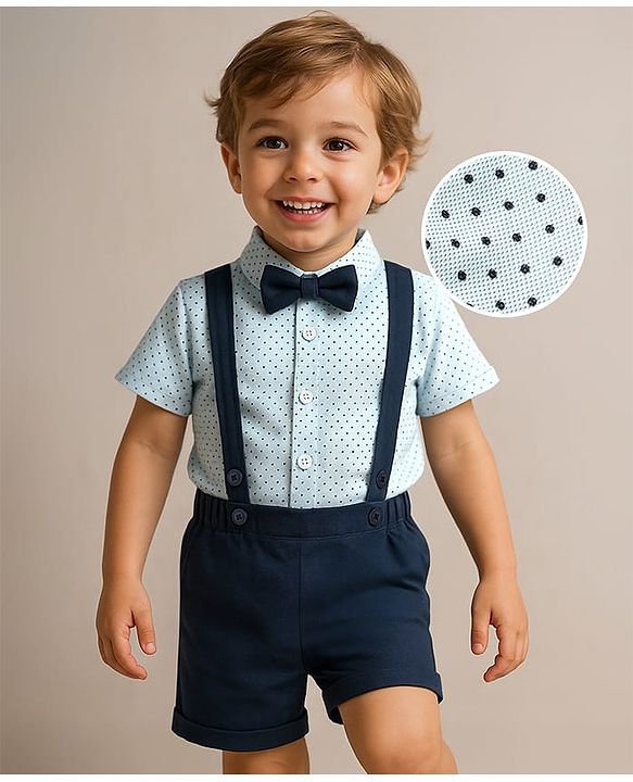 Babyhug Knit Half Sleeves Polka Dot Printed Shirt & Shorts With Bow & Suspender - Light & Navy Blue