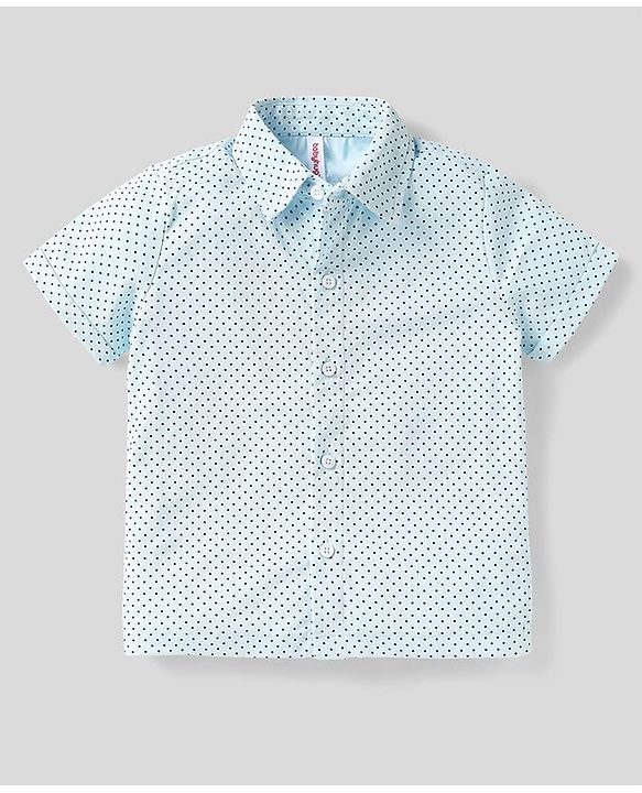 Babyhug Knit Half Sleeves Polka Dot Printed Shirt & Shorts With Bow & Suspender - Light & Navy Blue