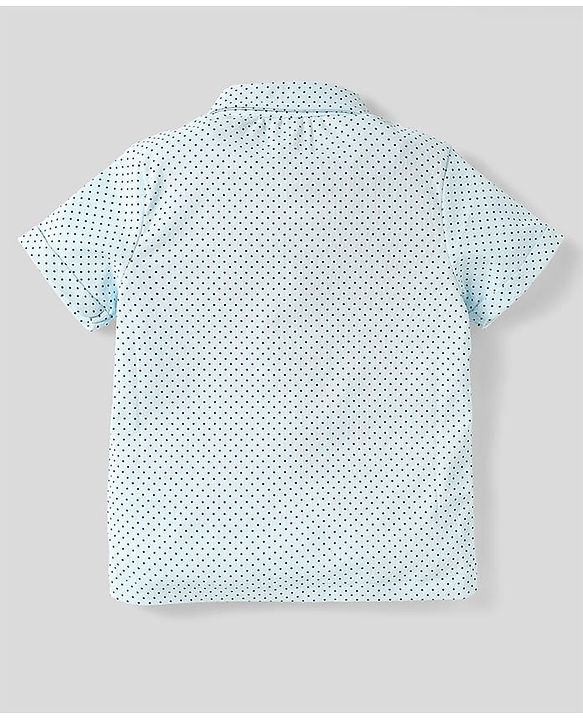 Babyhug Knit Half Sleeves Polka Dot Printed Shirt & Shorts With Bow & Suspender - Light & Navy Blue