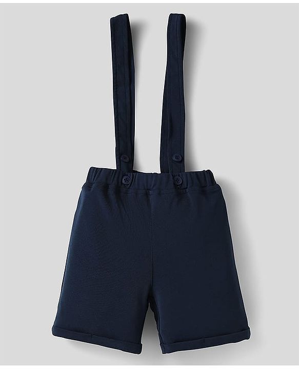 Babyhug Knit Half Sleeves Polka Dot Printed Shirt & Shorts With Bow & Suspender - Light & Navy Blue