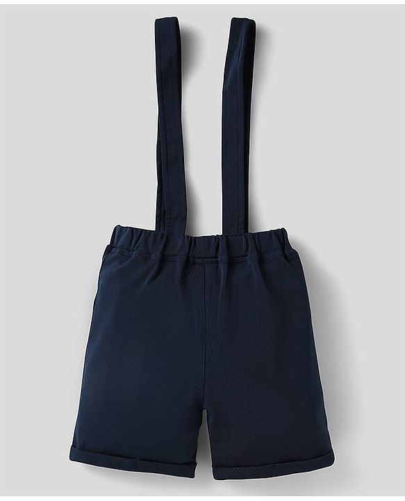 Babyhug Knit Half Sleeves Polka Dot Printed Shirt & Shorts With Bow & Suspender - Light & Navy Blue