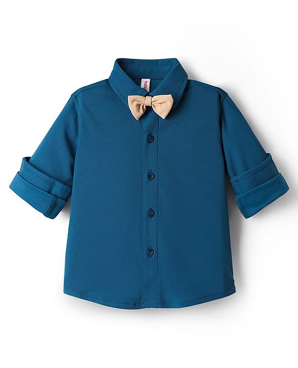 Babyhug Knit Full Sleeves Solid Color Party Shirt & Trouser Set with Suspendor & Bow - Blue & Beige